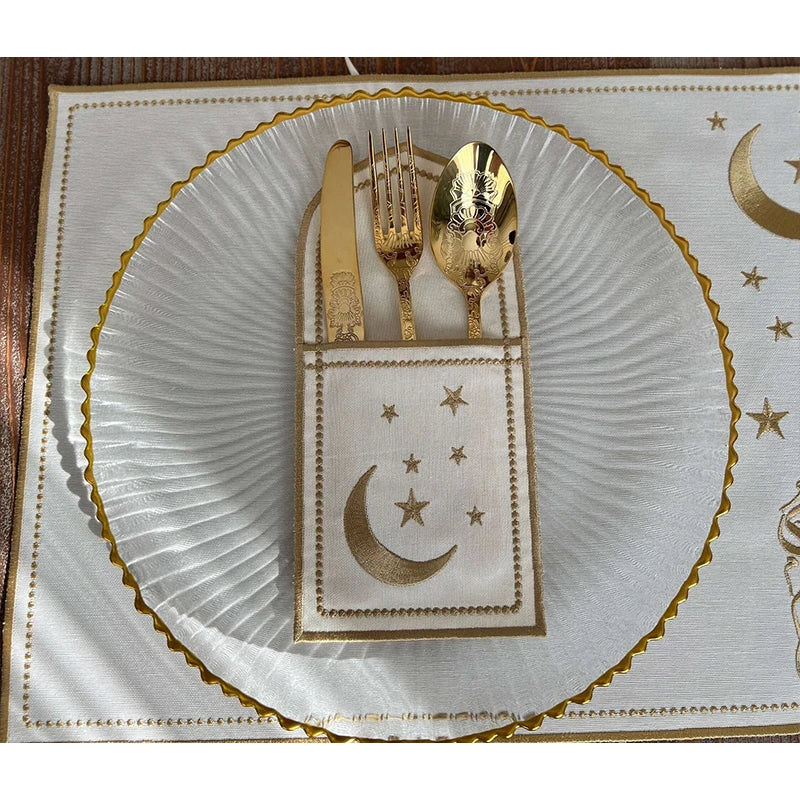 Ramadan Luxe: Embroidered Placemat, Coaster & Cutlery Pocket Set