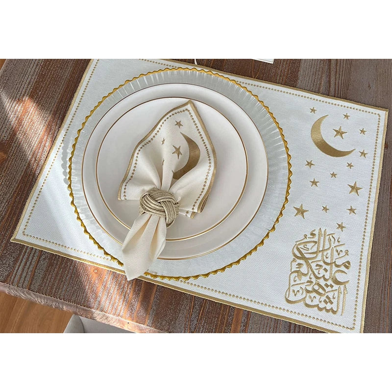 Ramadan Luxe: Embroidered Placemat, Coaster & Cutlery Pocket Set