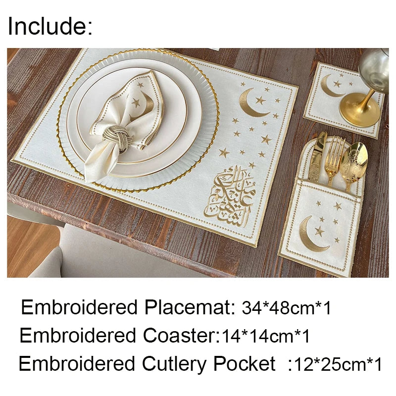 Ramadan Luxe: Embroidered Placemat, Coaster & Cutlery Pocket Set