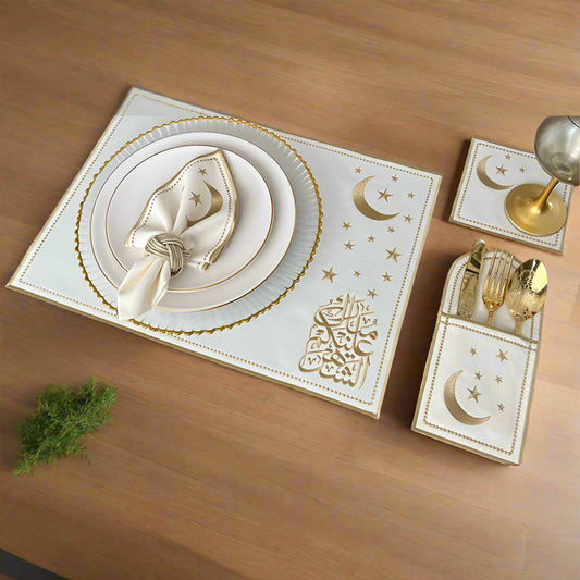 Ramadan Luxe: Embroidered Placemat, Coaster & Cutlery Pocket Set