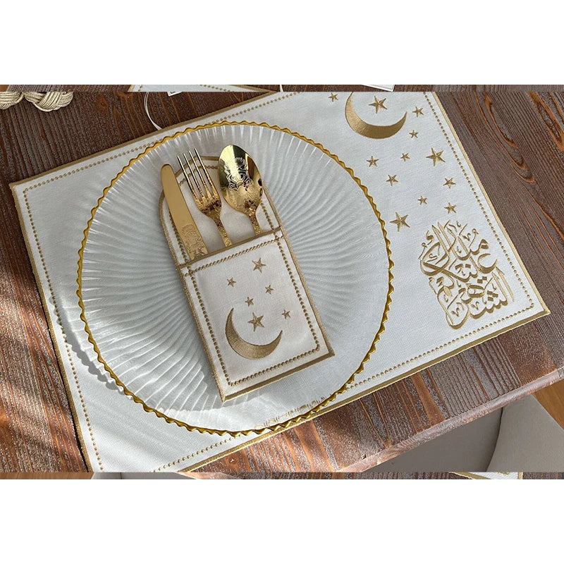 Ramadan Luxe: Embroidered Placemat, Coaster & Cutlery Pocket Set